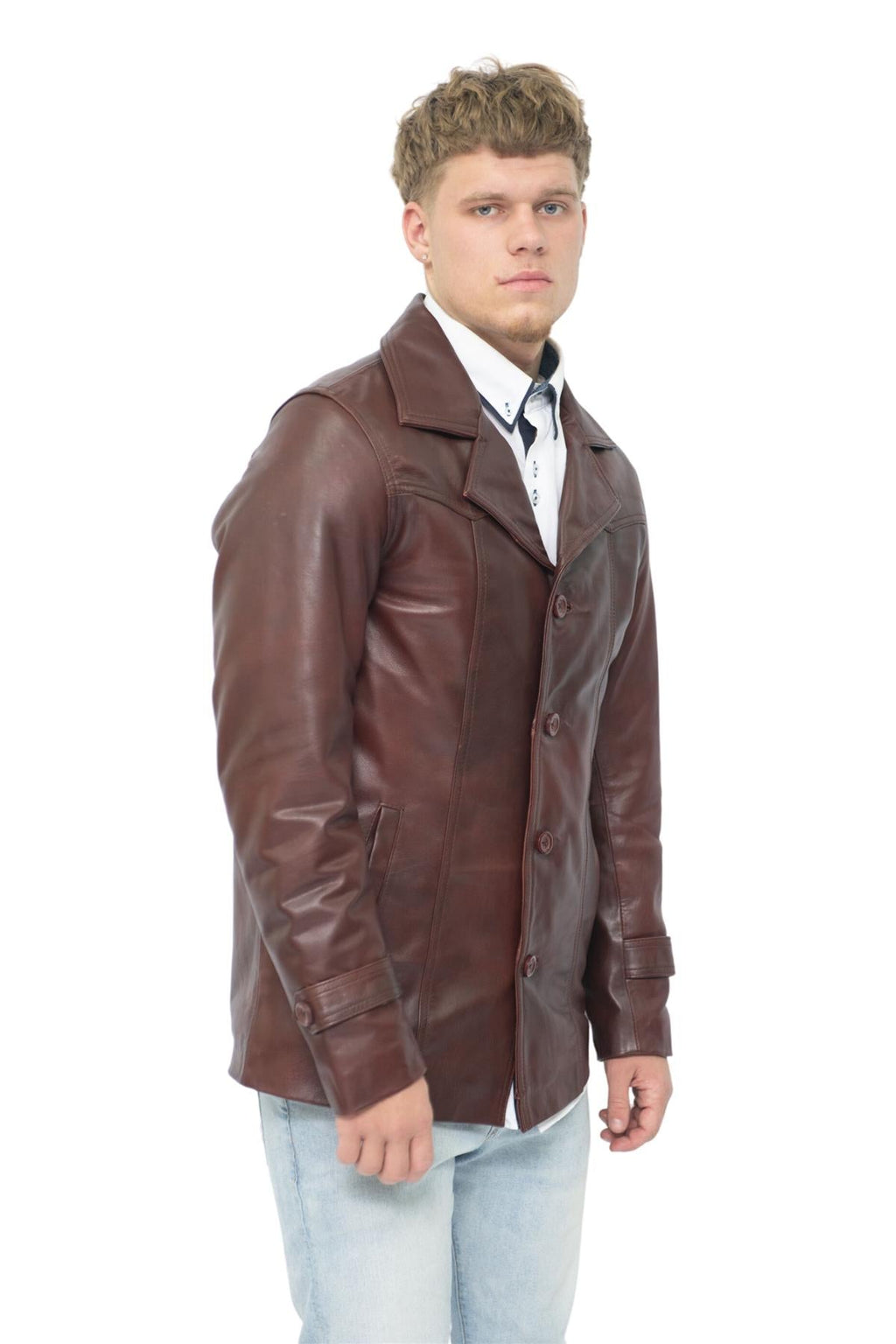 Men’s Brown Vintage Trench Style Crombie Leather Coat-Macau