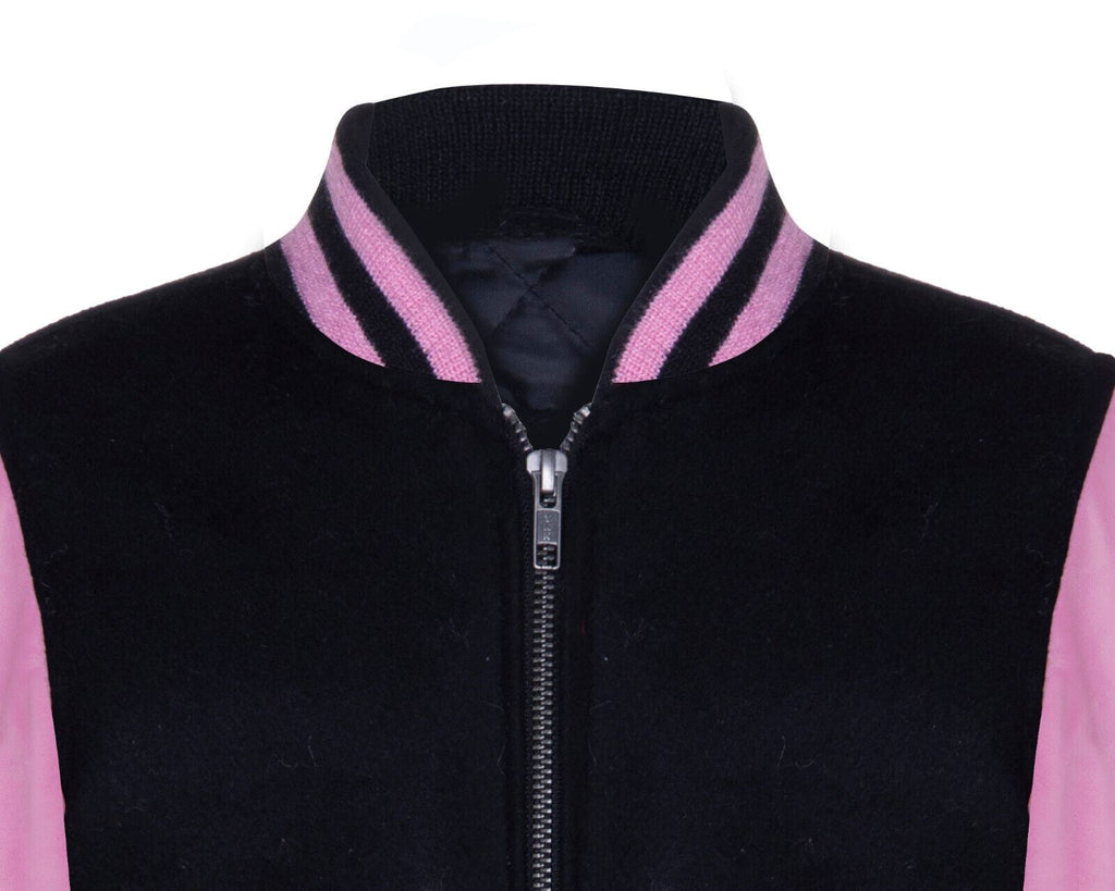 Kids Varsity Black & Pink Bomber Jacket with Real Leather Sleeves 3-13 yrs