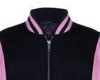 Kids Varsity Black & Pink Bomber Jacket with Real Leather Sleeves 3-13 yrs