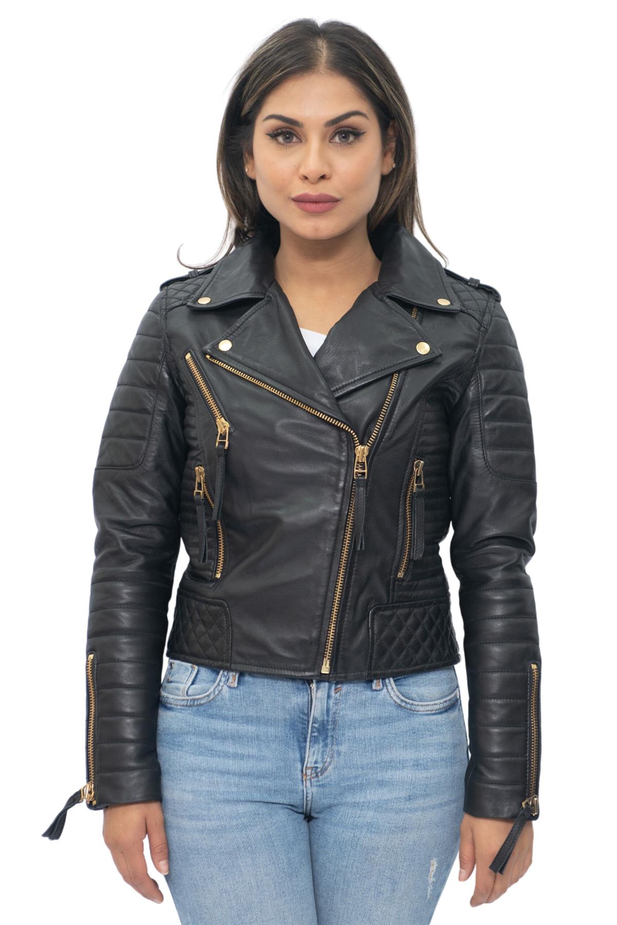 Womens Leather Quilted Vintage Brando Biker Jacket-Lusaka