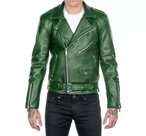 Prime-Fashion Men's Classic Brando Motorcycle Rider Green Biker Leather Jacket