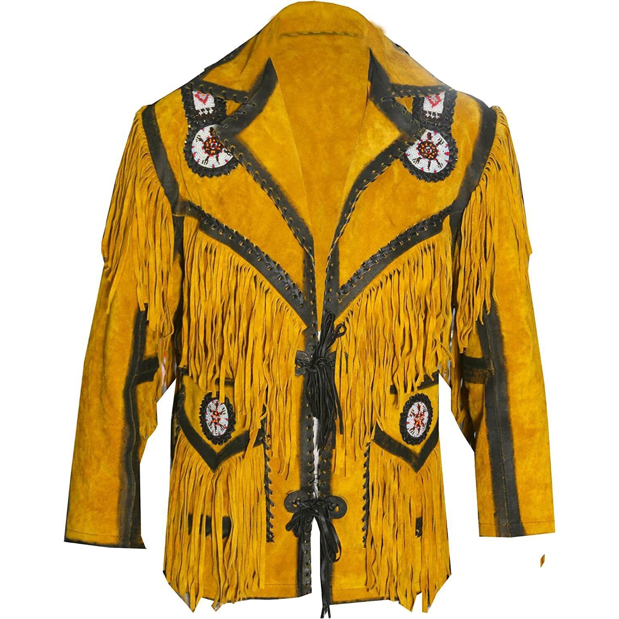 Leather Western Jacket Mens Traditional Native Indian Cowhide Suede Cowboy Jacket