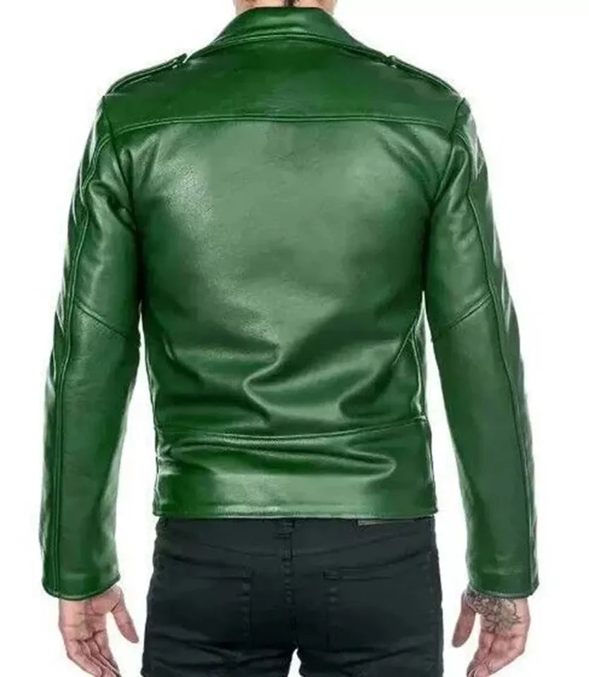Prime-Fashion Men's Classic Brando Motorcycle Rider Green Biker Leather Jacket