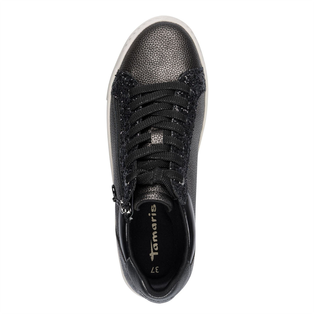 Tamaris Womens Pewter Silver Faux Leather Fashion Lace Up Sneakers