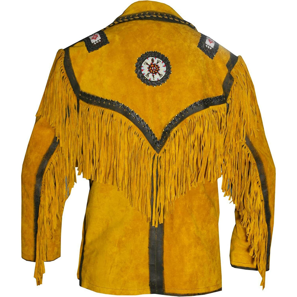 Leather Western Jacket Mens Traditional Native Indian Cowhide Suede Cowboy Jacket