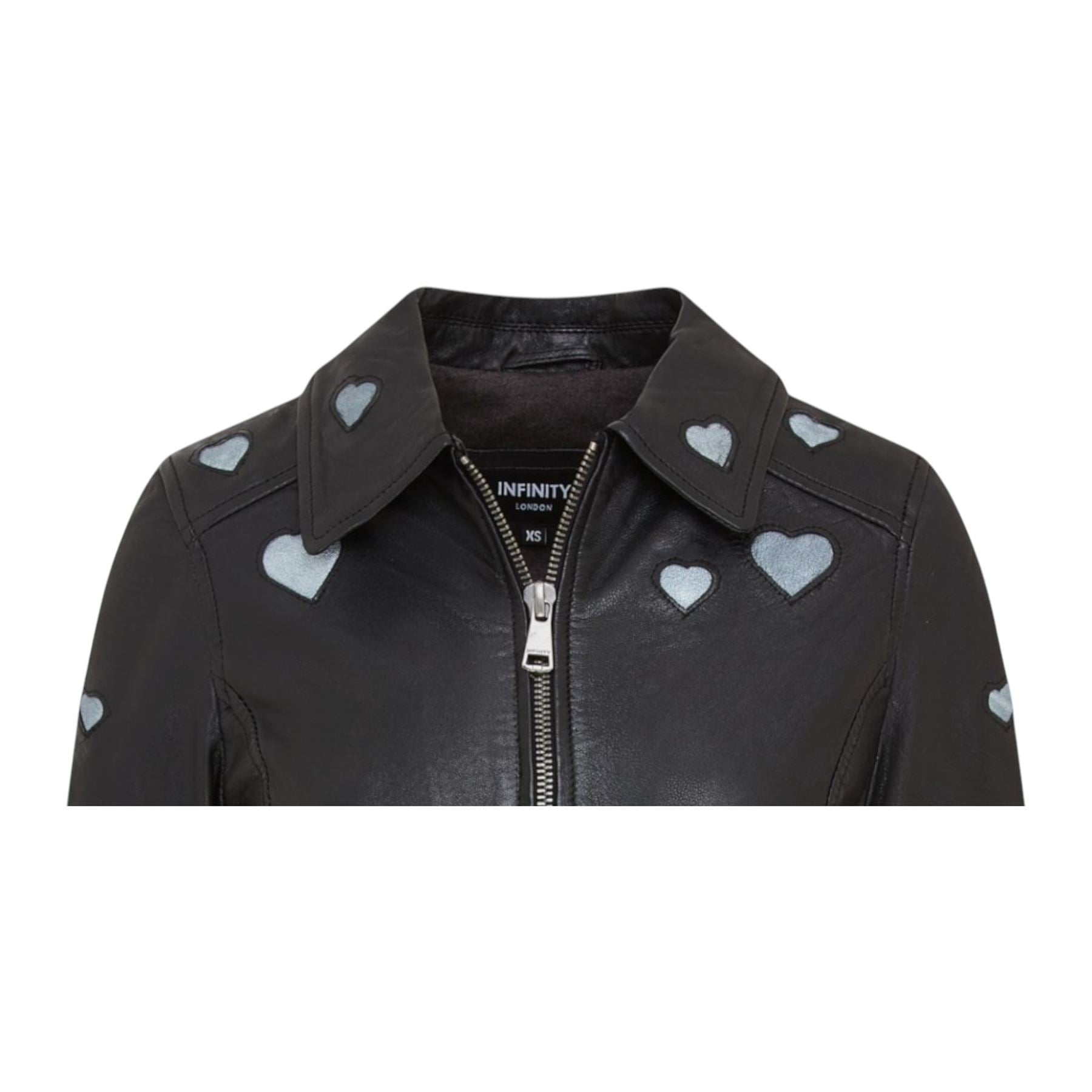 Women’s Black Leather Hearts Biker Jacket  - Wynyard