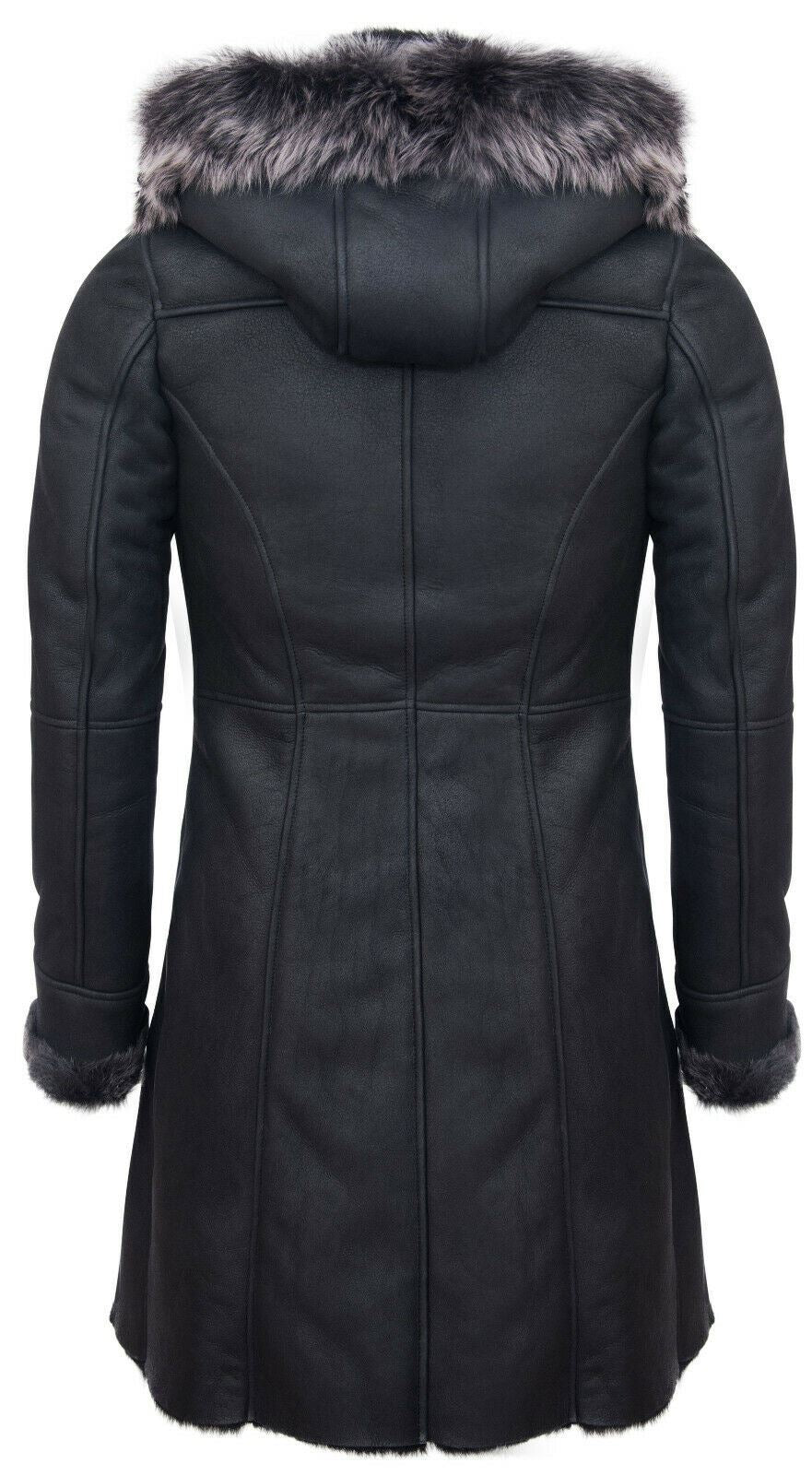 Womens Black Sheepskin Hooded Duffle Coat-Ottawa