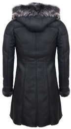 Womens Black Sheepskin Hooded Duffle Coat-Ottawa