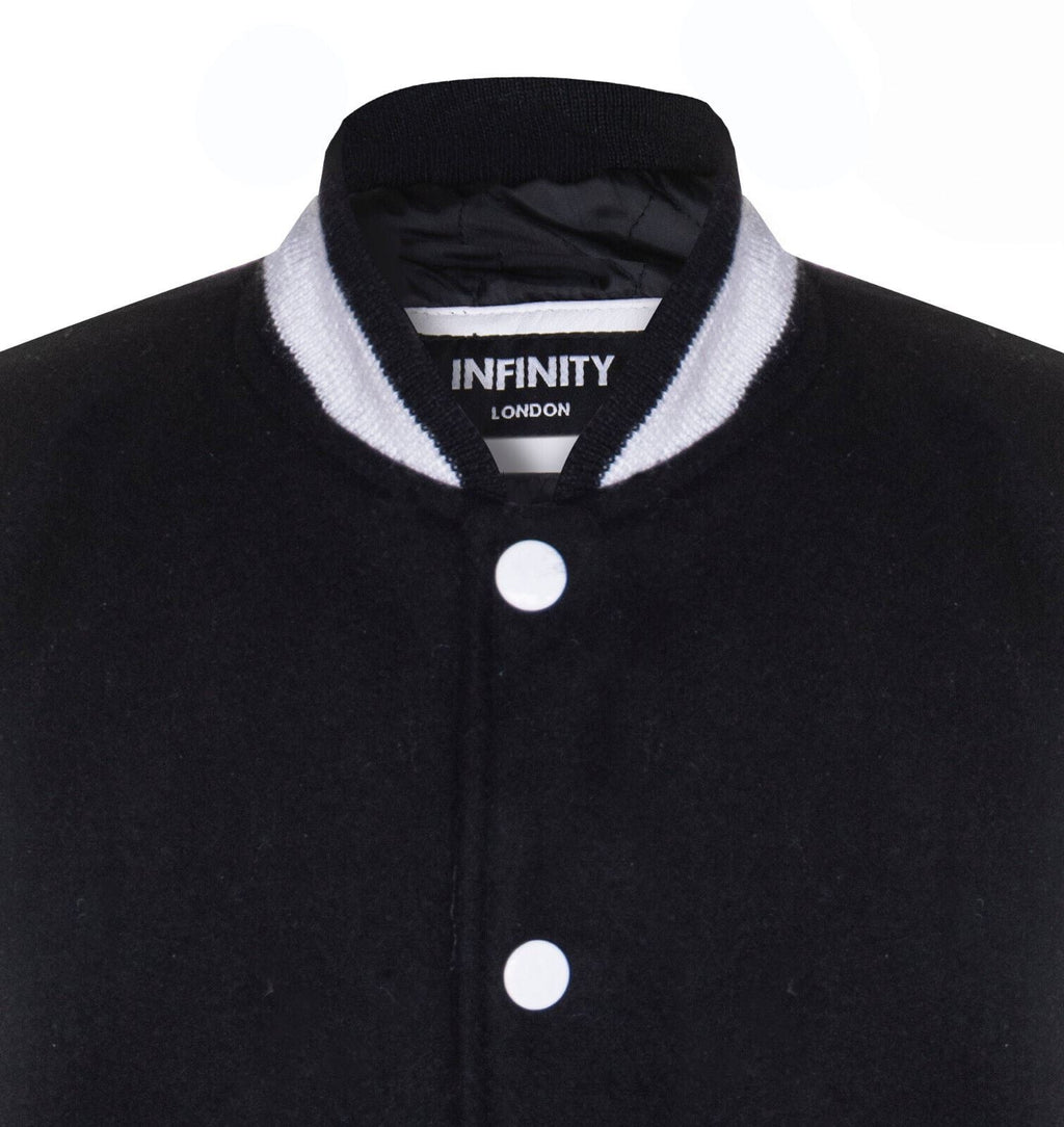 Kids Varsity Black & White Bomber Jacket with Real Leather Sleeves 3-13 yrs