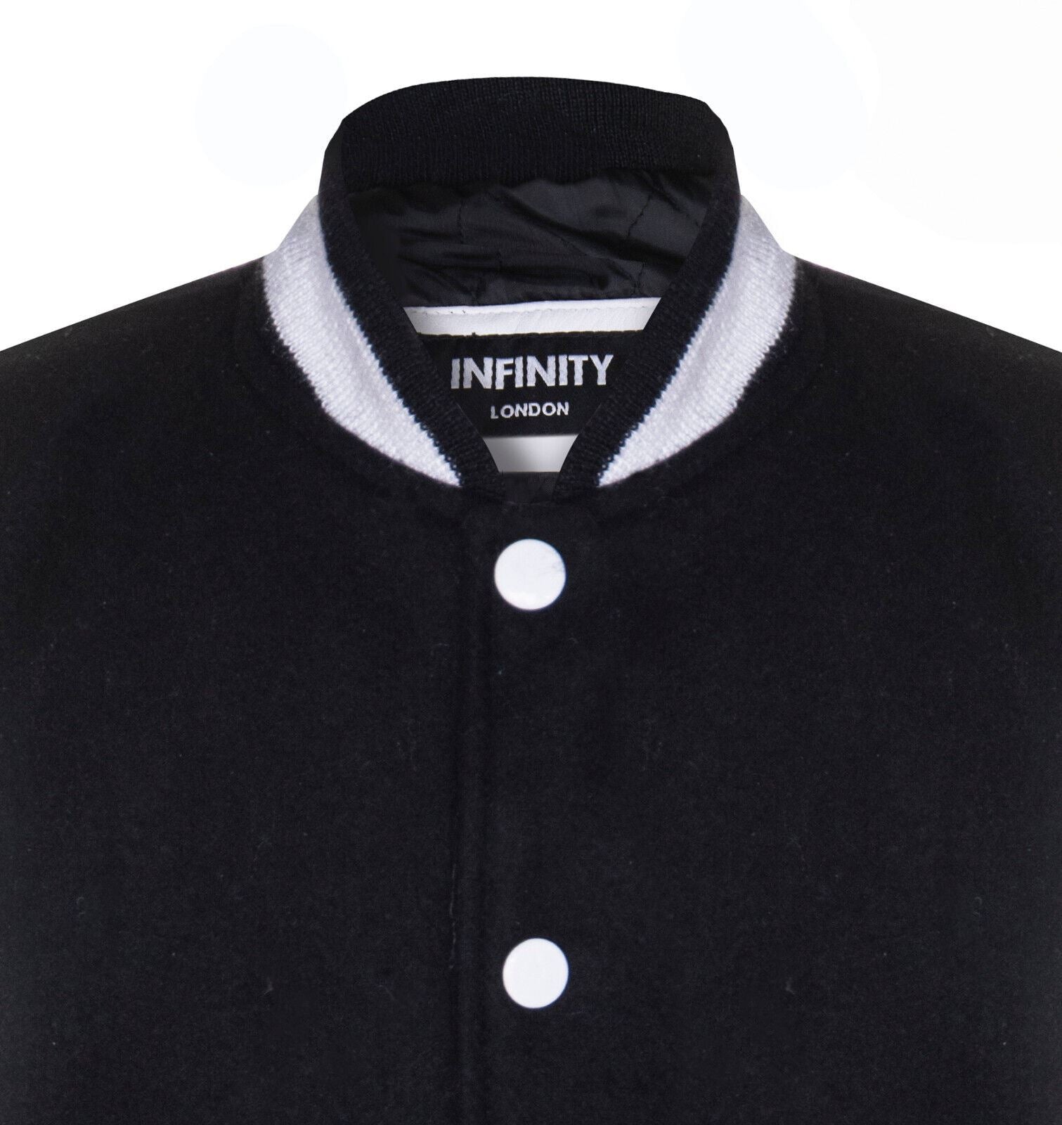 Kids Varsity Black & White Bomber Jacket with Real Leather Sleeves 3-13 yrs