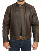 Mens Brown Leather Biker Jacket Regular Fit Waxed Cowhide Zip Fasten Casual Coat