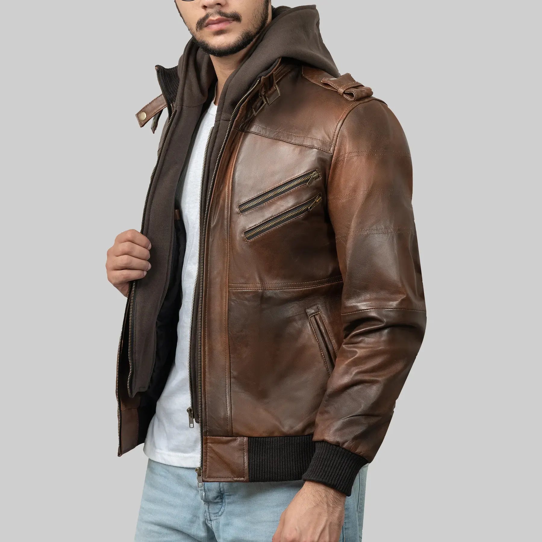 Men’s Brown Hooded Leather Biker Jacket