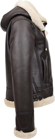 Women's Handmade Real Brown Shearling Bomber Leather Jacket With Detachable Hood | Womens B3 RAF Bomber Jacket | Womens Aviator Jacket