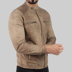 Men’s Distressed Beige Leather Biker Jacket