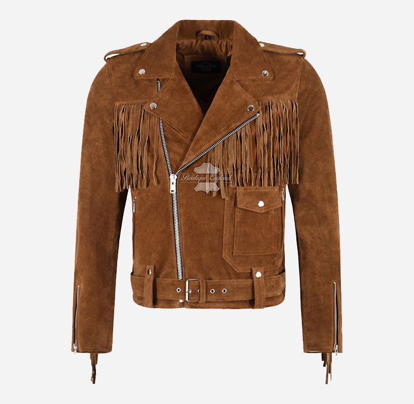 BRANDO Men's Suede Fringe Jacket Vintage Western Biker Jacket