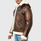 Men’s Brown Hooded B-3 Bomber Leather Jacket