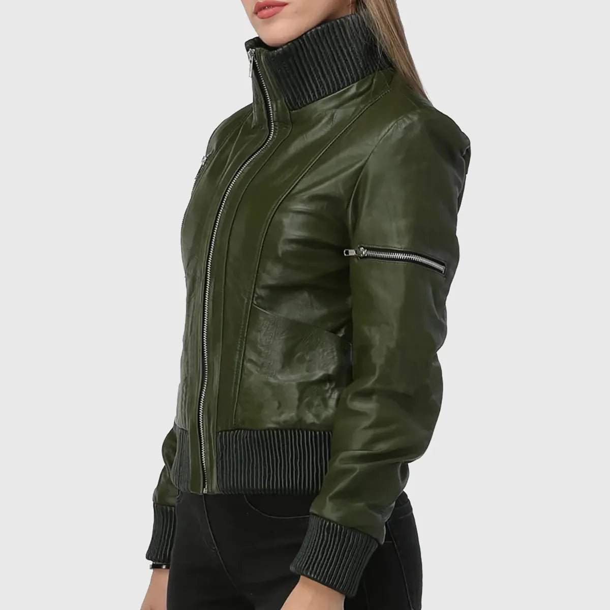 Womens Green Bomber Leather Jacket