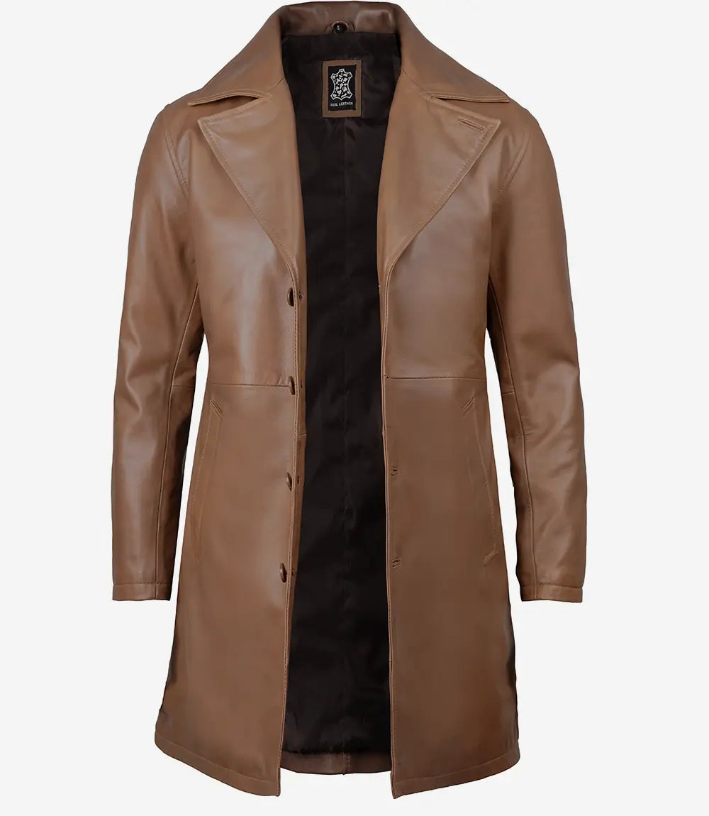 Men's 3 4 Length Brown Leather Car Coat