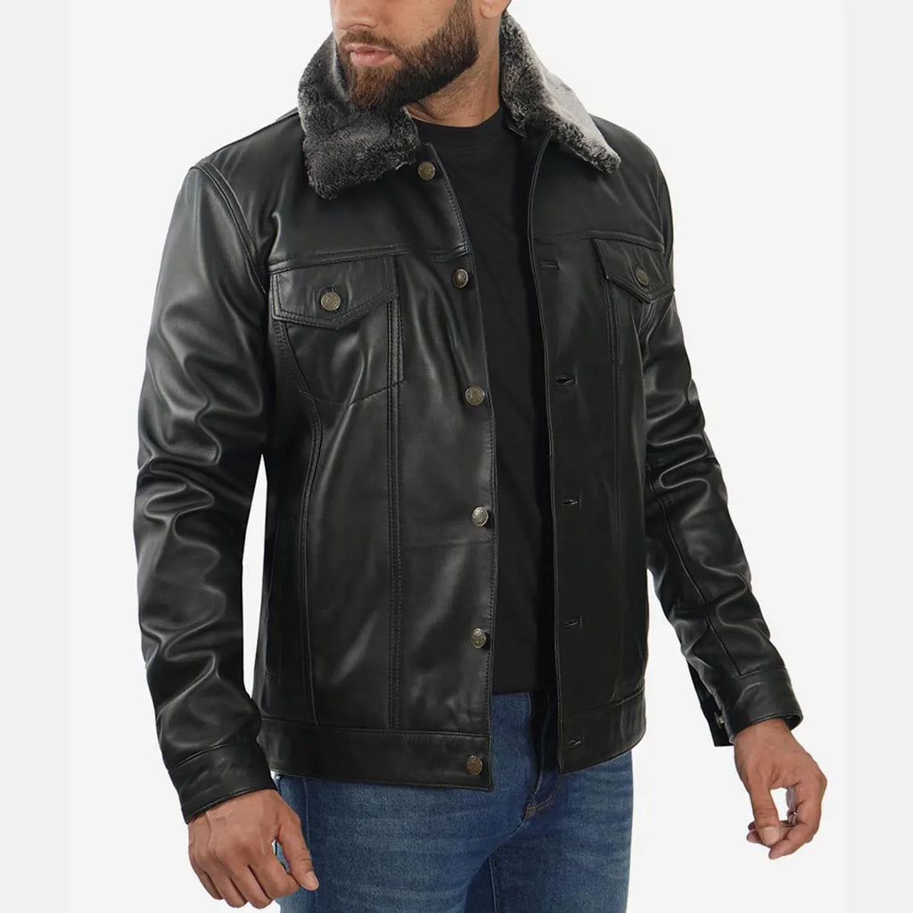 Men’s Black Trucker Shearling Leather Jacket