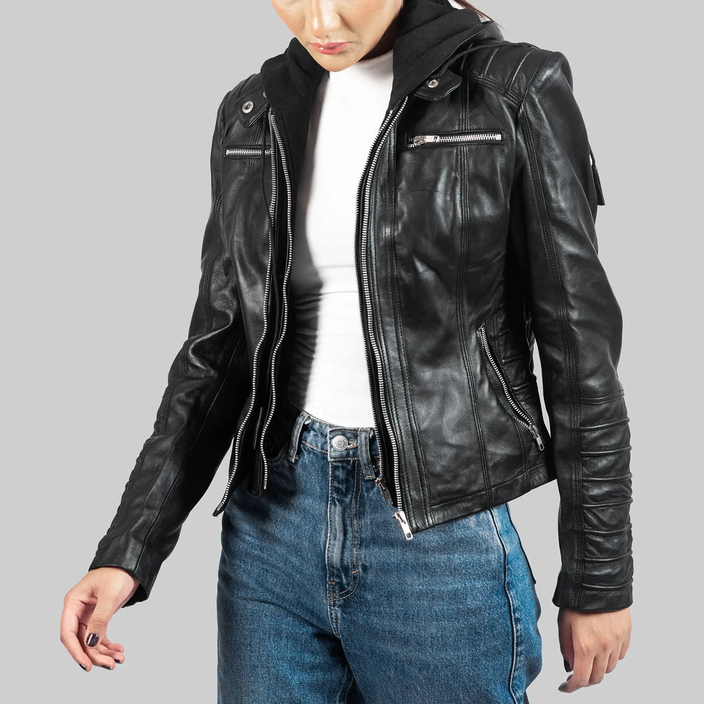 Women’s Black Hooded Biker Leather Jacket