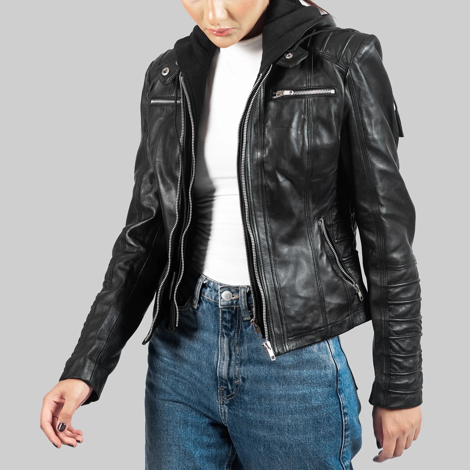Women’s Black Hooded Biker Leather Jacket