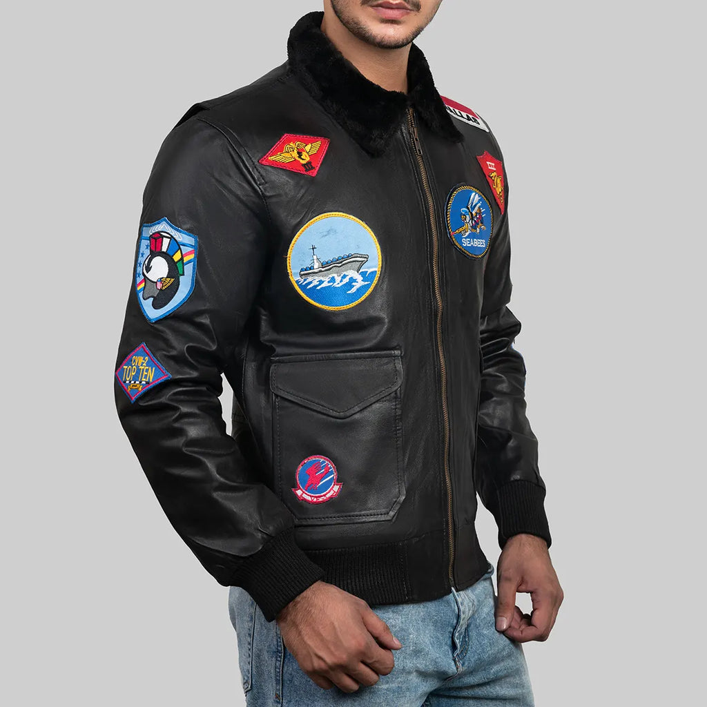 Top Gun Black Leather Maverick Bomber Jacket