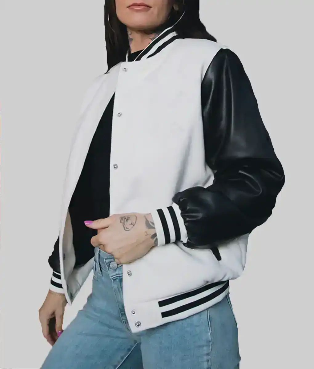 Women’s White and Black Leather Varsity Jacket