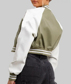 Women’s Olive Green and White Leather Varsity Jacket