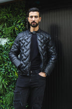 Men's Black Leather Quilted Biker Jacket - Manaus