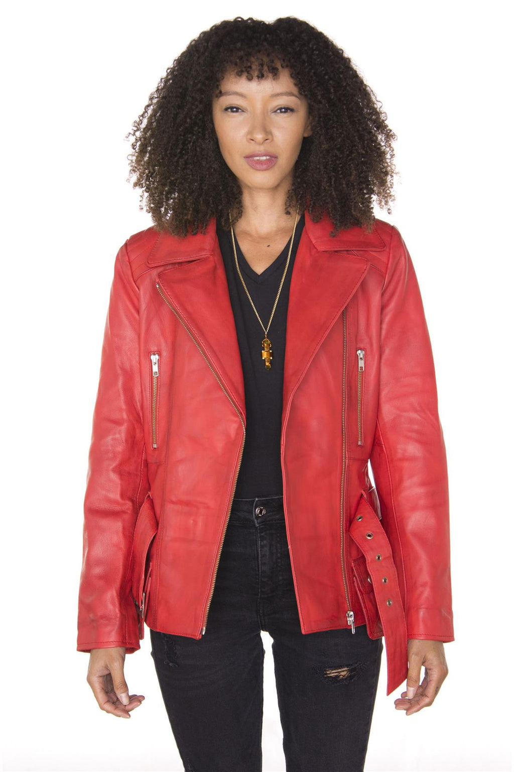 Womens Long Leather Biker Jacket-Quito