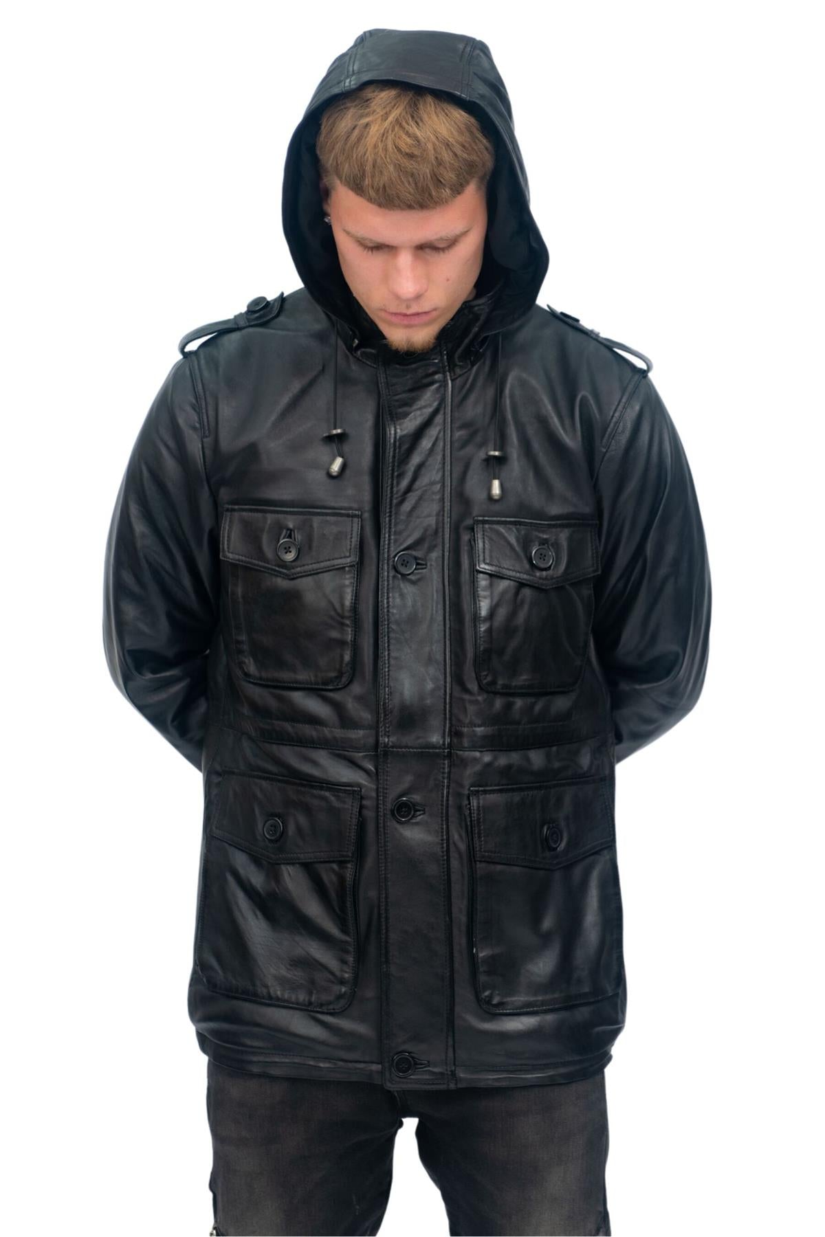 Mens Leather Hooded Trench Coat-Medellin