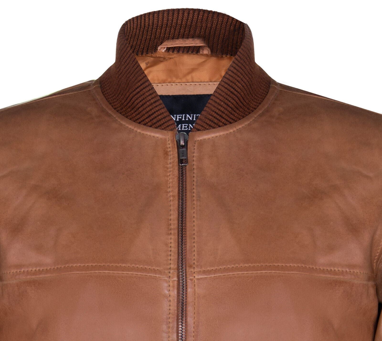 Mens Tan Brown Leather MA-1 Varsity Bomber Jacket
