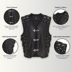 Men’s Black Biker Leather Waistcoat Metal Buckles Vest - Coolgardie