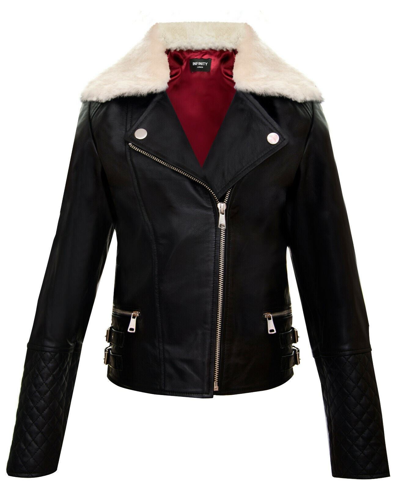 Kids Jackets Girls 100% Leather Detachable Collar Biker Jackets (3-13 Years)