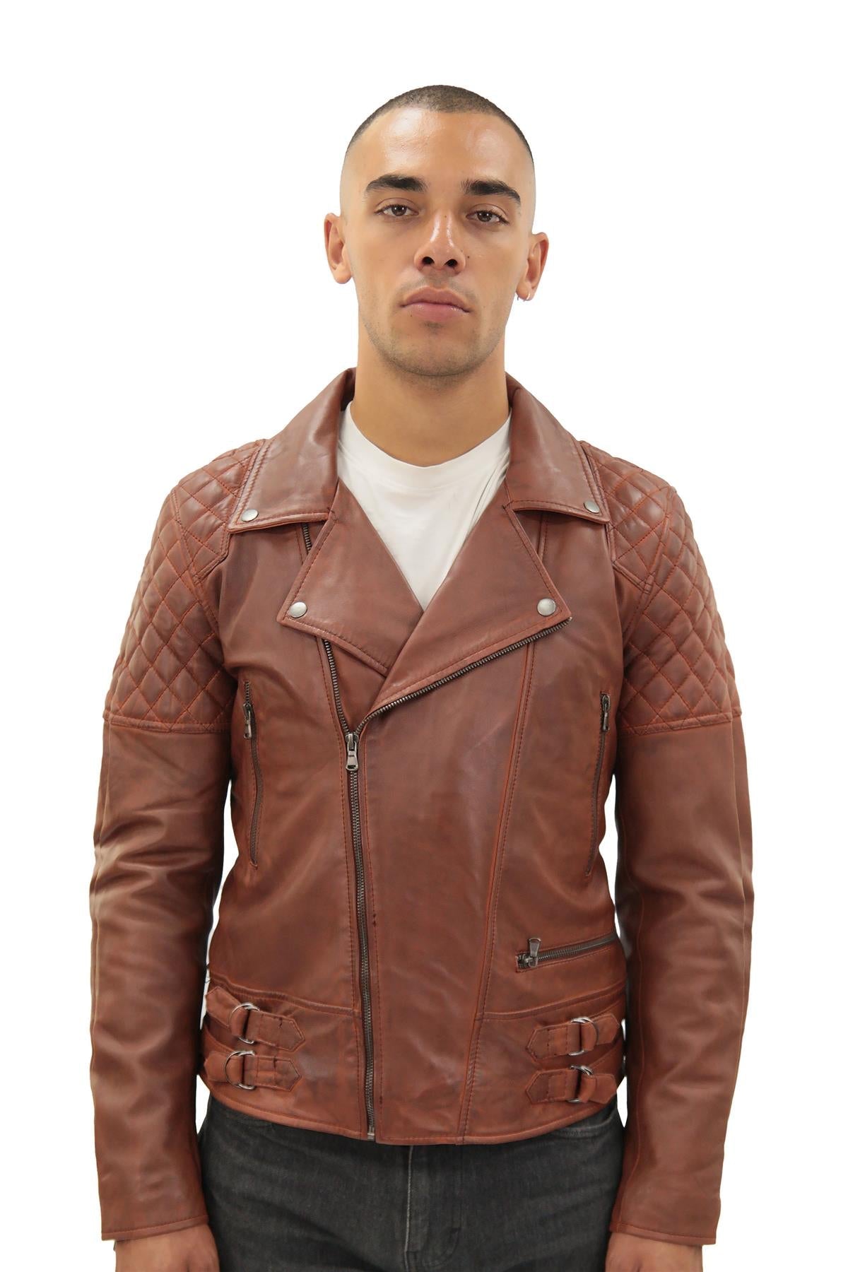Mens Quilted Leather Biker Jacket-Bordeaux