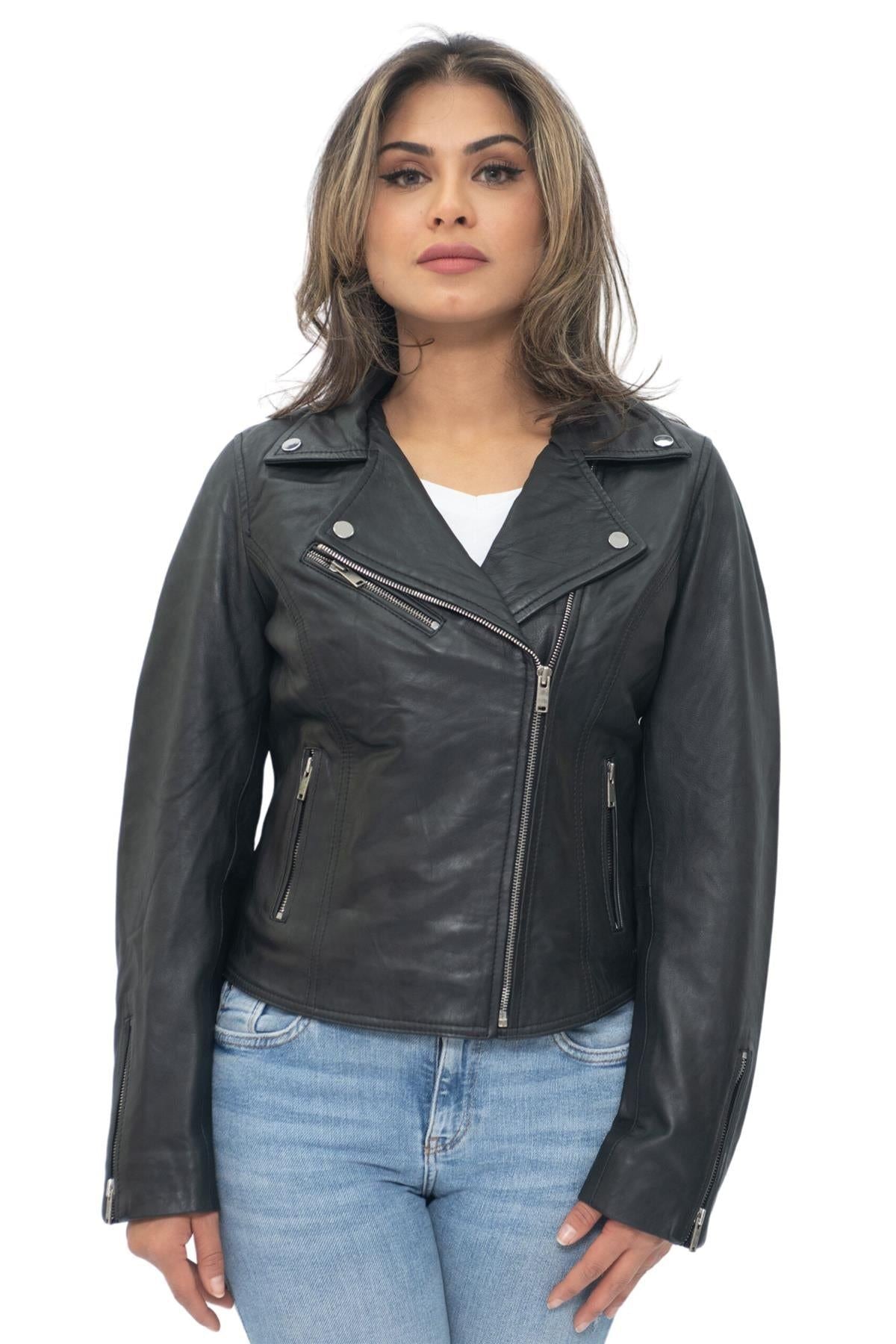 Womens Leather Classic Biker Brando Jacket-Baku