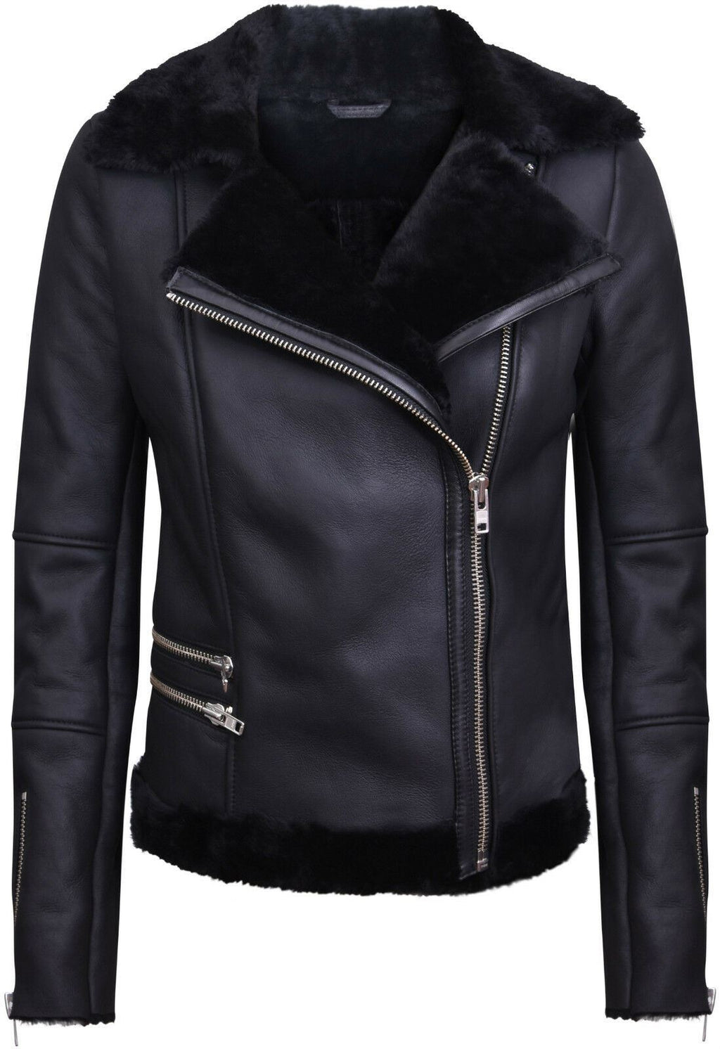 Womens Black Shearling Sheepskin Aviator Jacket-Kiev