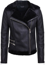 Womens Black Shearling Sheepskin Aviator Jacket-Kiev