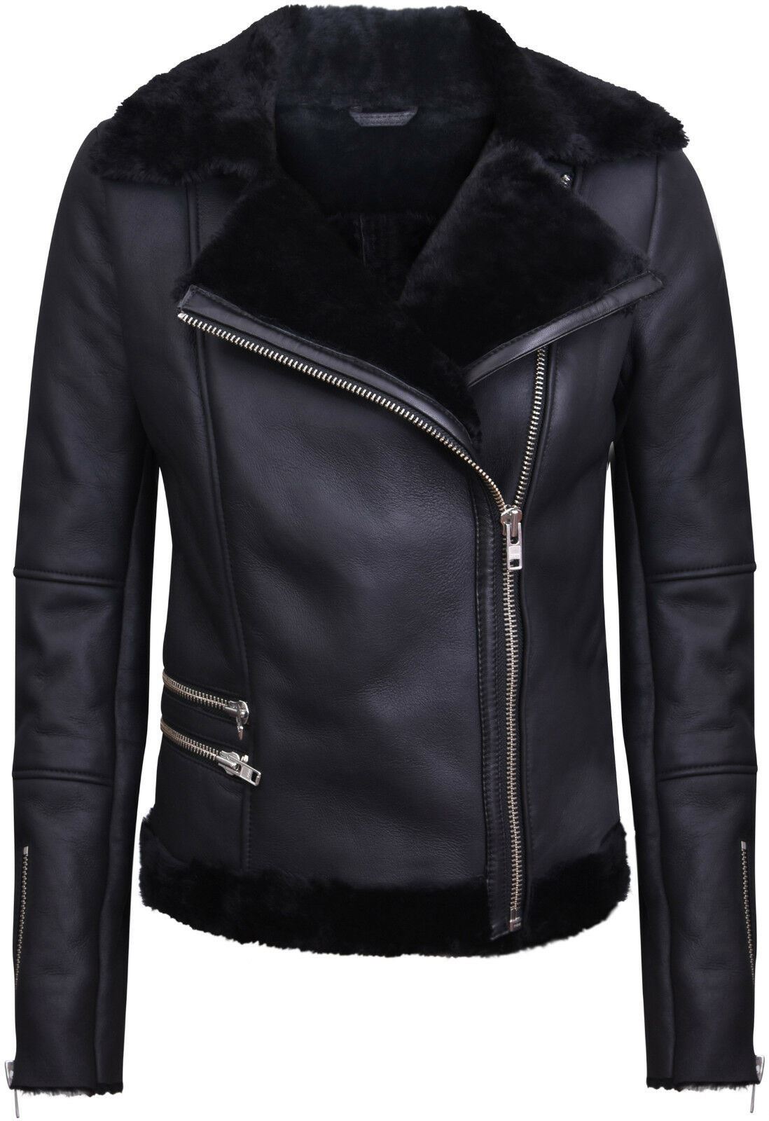 Womens Black Shearling Sheepskin Aviator Jacket-Kiev