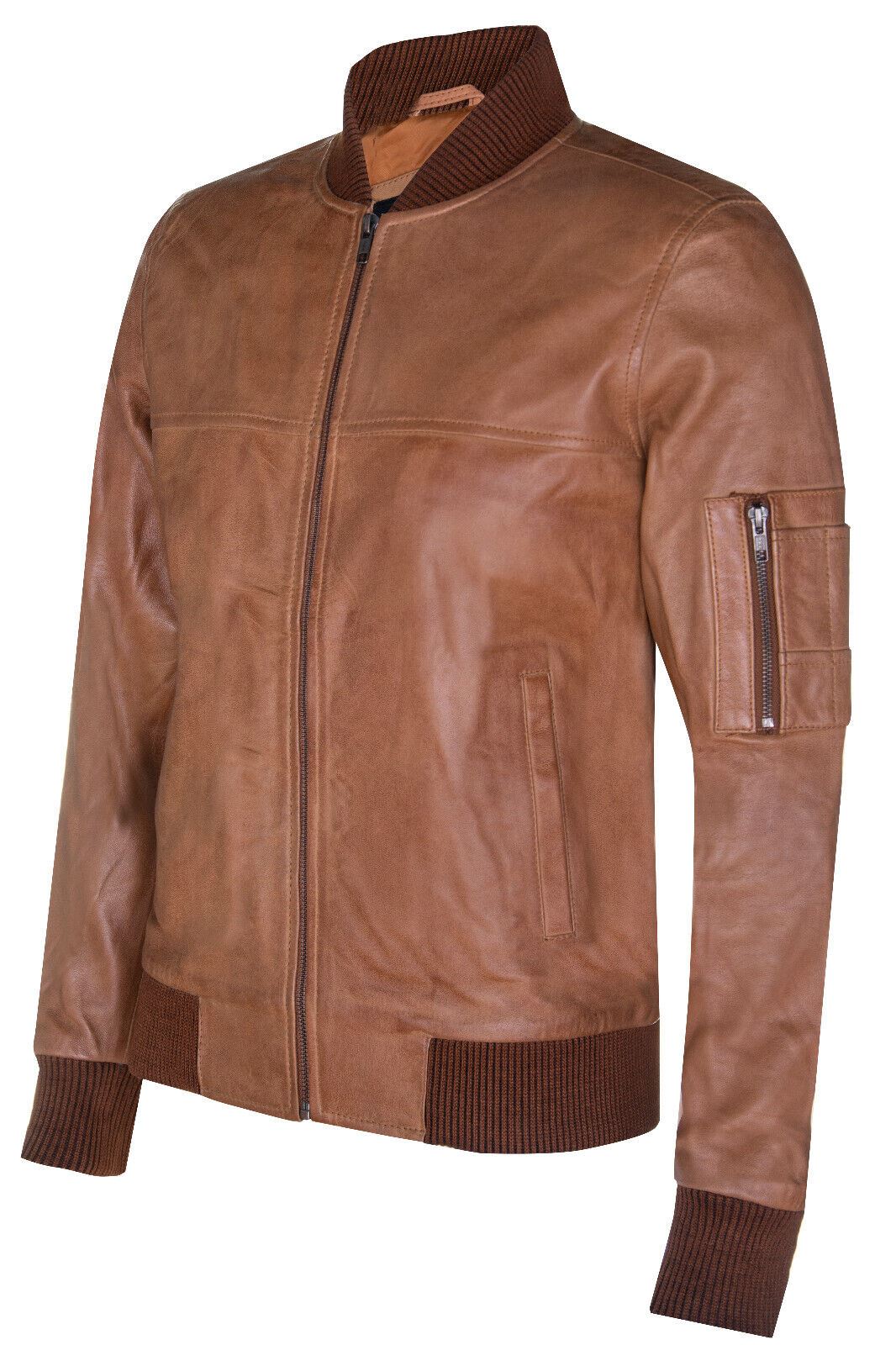 Mens Tan Brown Leather MA-1 Varsity Bomber Jacket