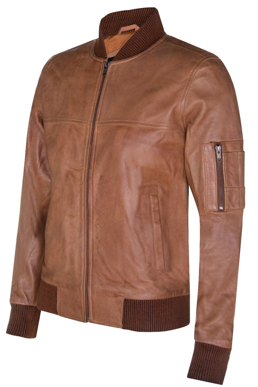 Mens Tan Brown Leather MA-1 Varsity Bomber Jacket