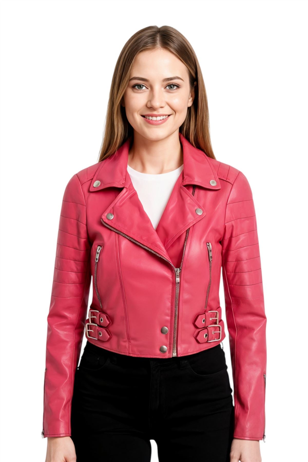 Womens Cropped Brando Leather Biker Jacket-Damascus