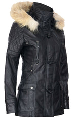 Womens Quilted Leather Parka Jacket-Brussels