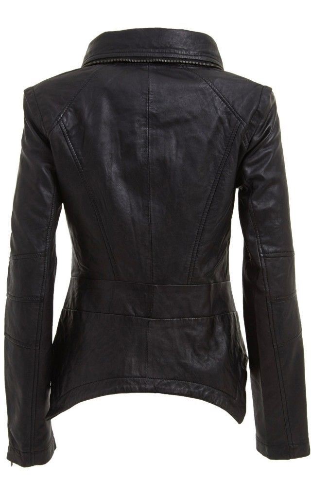 Womens Detachable Collar Leather Biker Jacket-Rosario