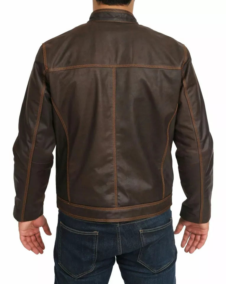 Mens Brown Leather Biker Jacket Regular Fit Waxed Cowhide Zip Fasten Casual Coat