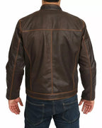 Mens Brown Leather Biker Jacket Regular Fit Waxed Cowhide Zip Fasten Casual Coat