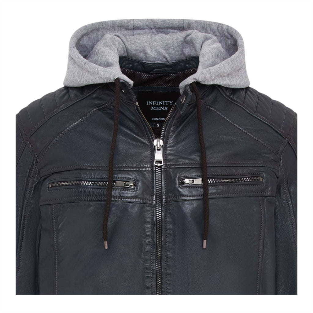 Men's Hooded Biker Lamb Leather Jacket - Burten