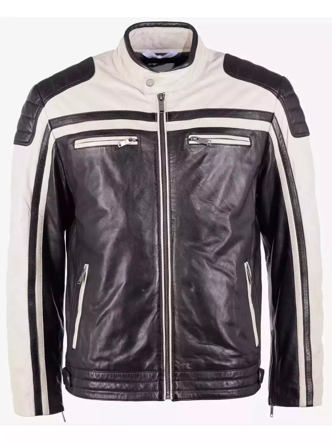 Men Elegant Real Lambskin Cream Leather Motorcycle Jacket
