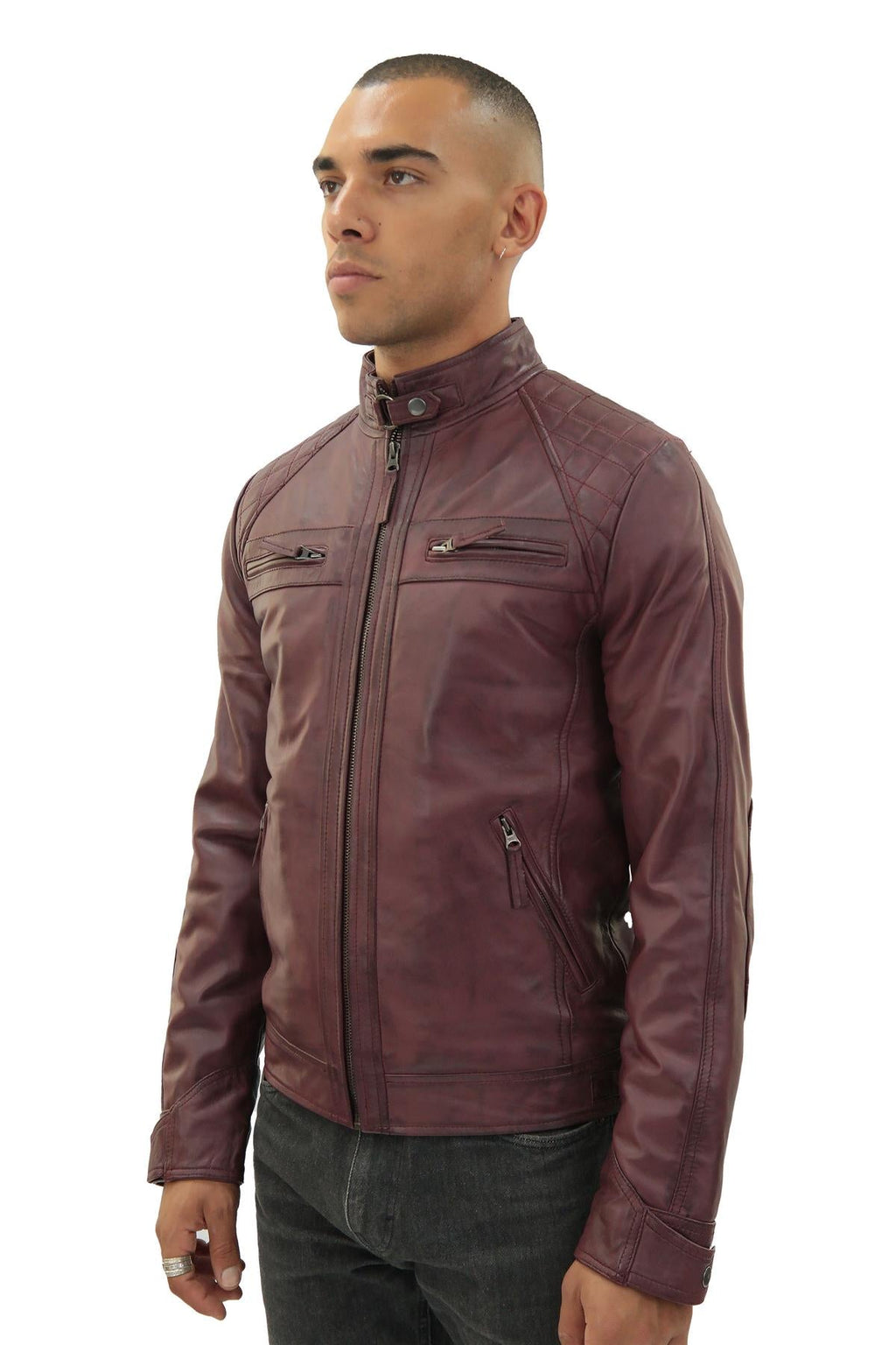 Men's Vintage Leather Quilted Biker Jacket-Monaco