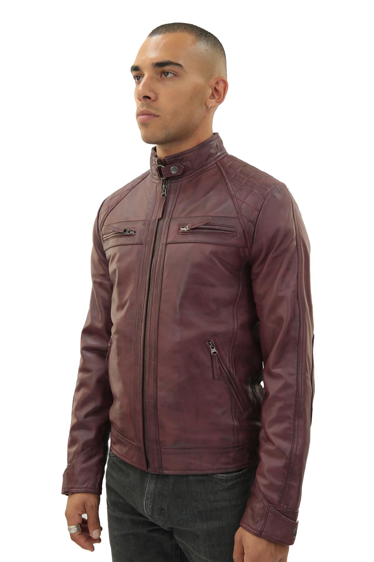 Men's Vintage Leather Quilted Biker Jacket-Monaco